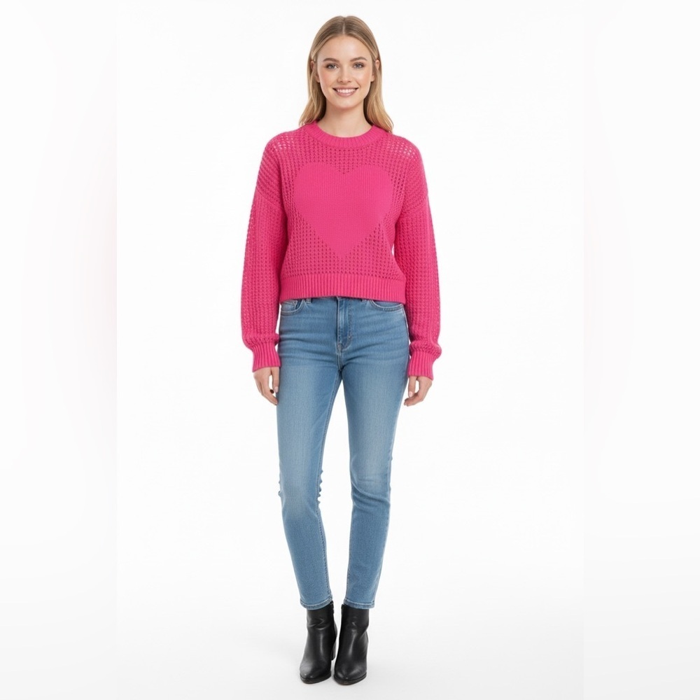 No Boundaries Pink Heart Knit Cropped Sweater XXS Y2K